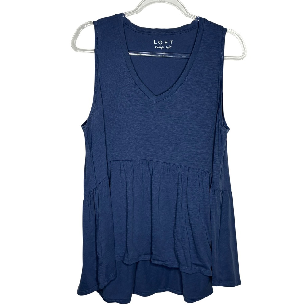 LOFT Womens Large Tank Top Navy Blue Vintage Soft Cotton V-Neck Peplum Hem